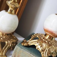Set of two vintage candlestick holders | Gold and onyx marble candle holders | Tall candlestick holders | Matching candle holders