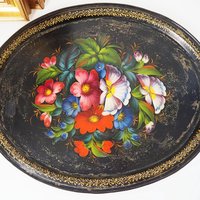 Vintage floral metal tray | Large handpainted floral tray | Vintage floral tray | Vintage Zhostovo tray | Vintage oval tray