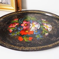 Vintage floral metal tray | Large handpainted floral tray | Vintage floral tray | Vintage Zhostovo tray | Vintage oval tray