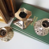 Set of three vintage candlestick holders | Silver tone candlestick holders | Mismatched candlestick holders