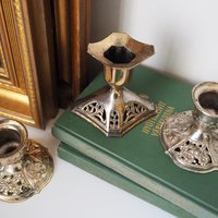 Set of three vintage candlestick holders | Silver tone candlestick holders | Mismatched candlestick holders