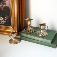 Set of three vintage candlestick holders | Silver tone candlestick holders | Mismatched candlestick holders