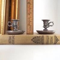 Set of two vintage candlestick holders | Tiny pewter candlestick holders | Small chamber style candle holders | Pewter candle holders