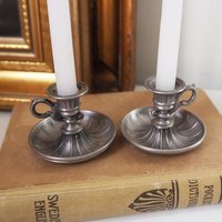 Set of two vintage candlestick holders | Tiny pewter candlestick holders | Small chamber style candle holders | Pewter candle holders