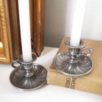 Set of two vintage candlestick holders | Tiny pewter candlestick holders | Small chamber style candle holders | Pewter candle holders