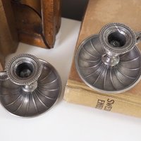 Set of two vintage candlestick holders | Tiny pewter candlestick holders | Small chamber style candle holders | Pewter candle holders