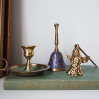 Vintage brass Christmas set | Vintage brass hand bell | Vintage brass candle holder and candle snuffer | Vintage Christmas gift set