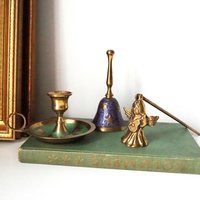 Vintage brass Christmas set | Vintage brass hand bell | Vintage brass candle holder and candle snuffer | Vintage Christmas gift set