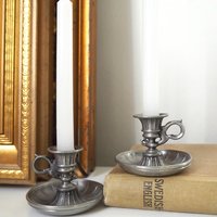 Set of two vintage candlestick holders | Tiny pewter candlestick holders | Small chamber style candle holders | Pewter candle holders