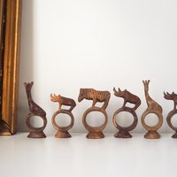 Vintage napkin rings | Set of six wooden napkin rings | Hand carved napkin rings | Set of six wooden animal napkin rings