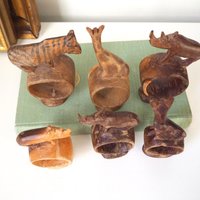 Vintage napkin rings | Set of six wooden napkin rings | Hand carved napkin rings | Set of six wooden animal napkin rings