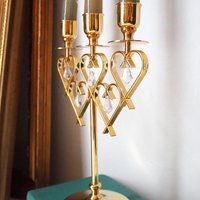 Vintage crystal candelabrum | Vintage three arm candle holder | Gold plated candelabra | Vintage heart candelabrum