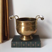Vintage brass planter with ceramic handles | Vintage brass planter | Footed brass planter | Vintage planter