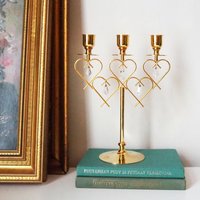 Vintage crystal candelabrum | Vintage three arm candle holder | Gold plated candelabra | Vintage heart candelabrum