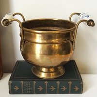 Vintage brass planter with ceramic handles | Vintage brass planter | Footed brass planter | Vintage planter