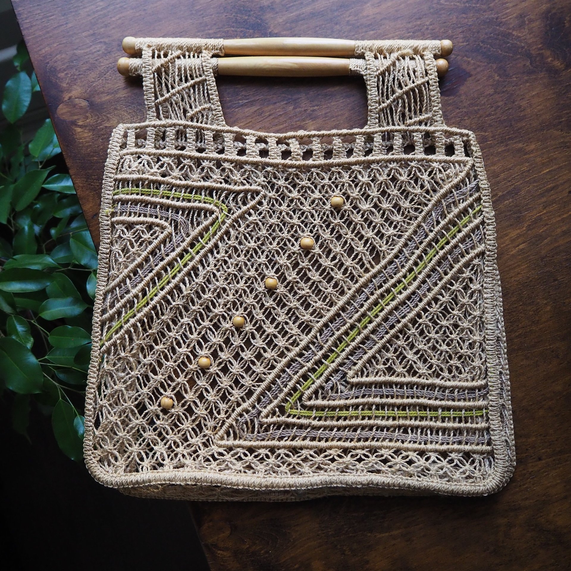 Vintage macrame bag | Macrame bag | Macrame woven handbag with wooden handles | Boho macrame bag