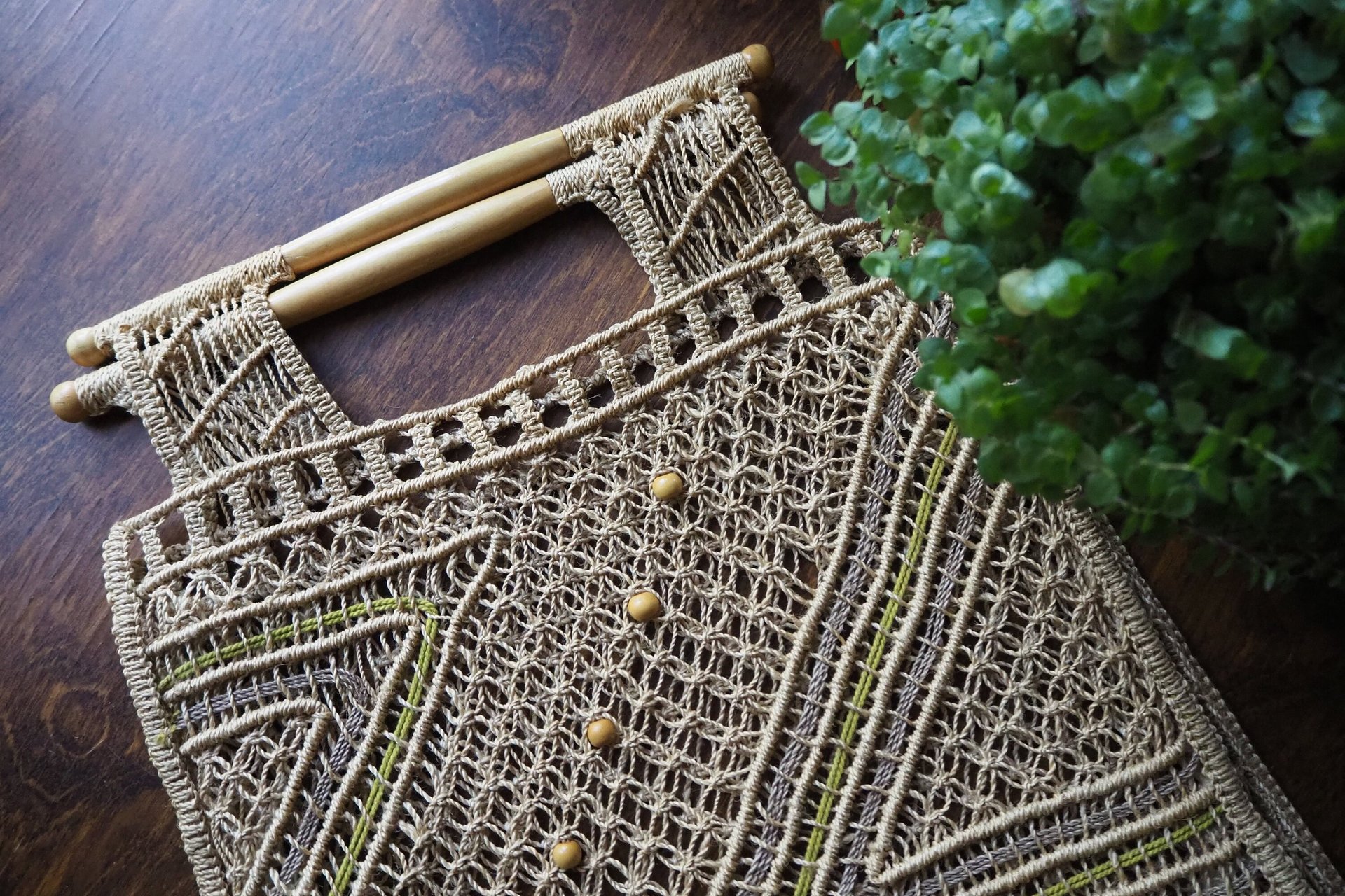 Vintage macrame bag | Macrame bag | Macrame woven handbag with wooden handles | Boho macrame bag