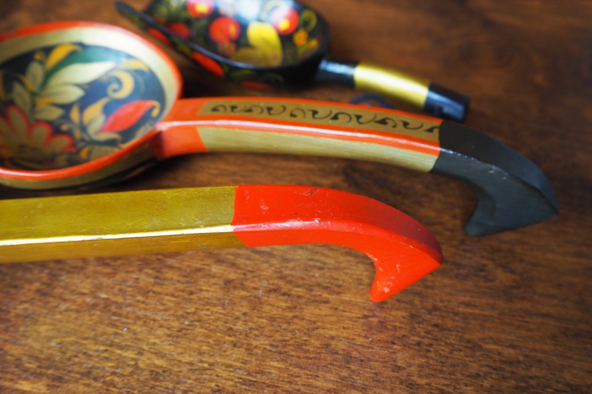 Vintage Khokhloma scoops | Vintage handpainted wooden scoops | Russian wooden ladles | Vintage Khokhloma ladles