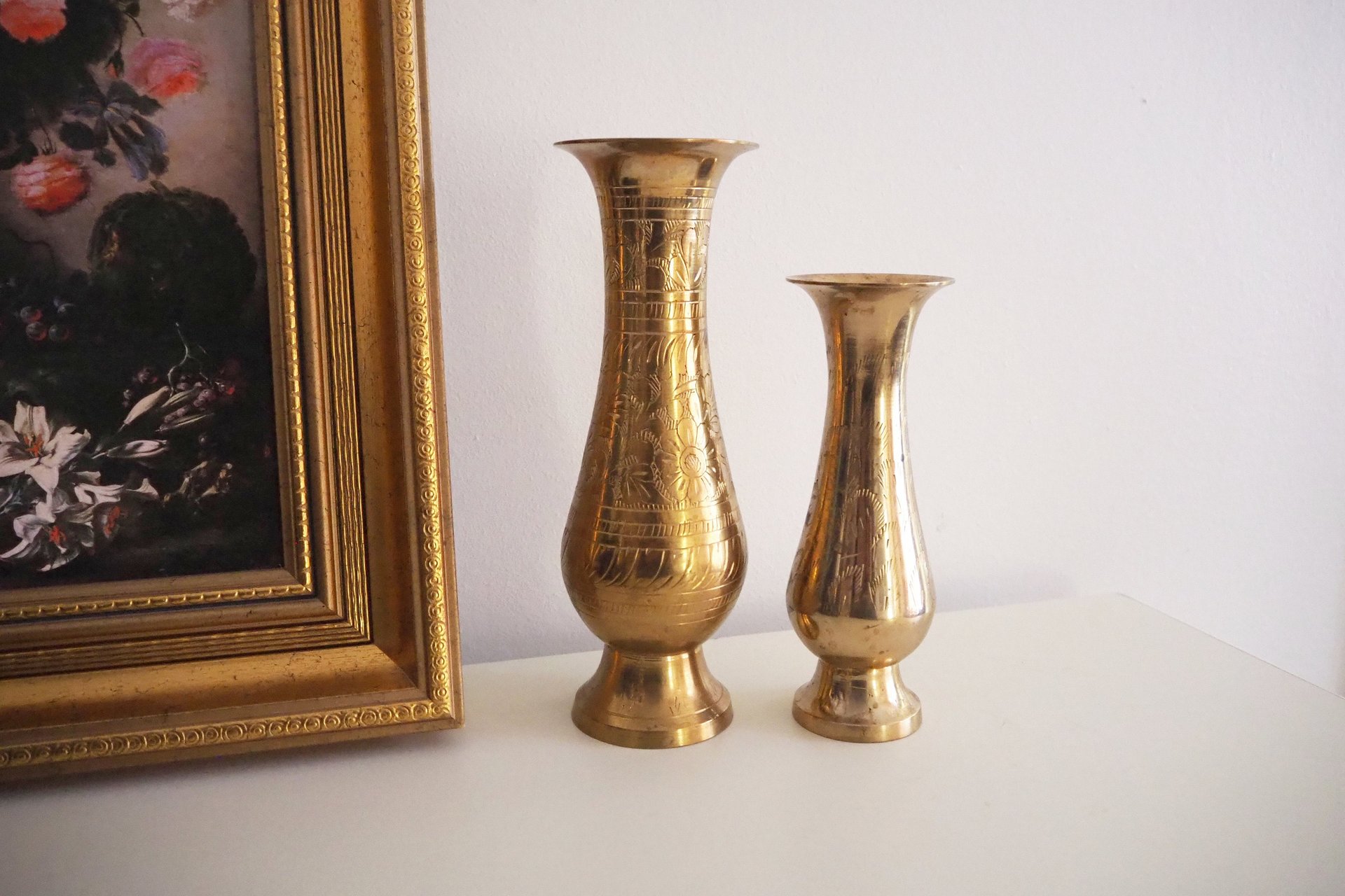 Set of two vintage brass vases | Etched brass vases | Vintage bud vase | Vintage single flower vases | Vintage brass vases