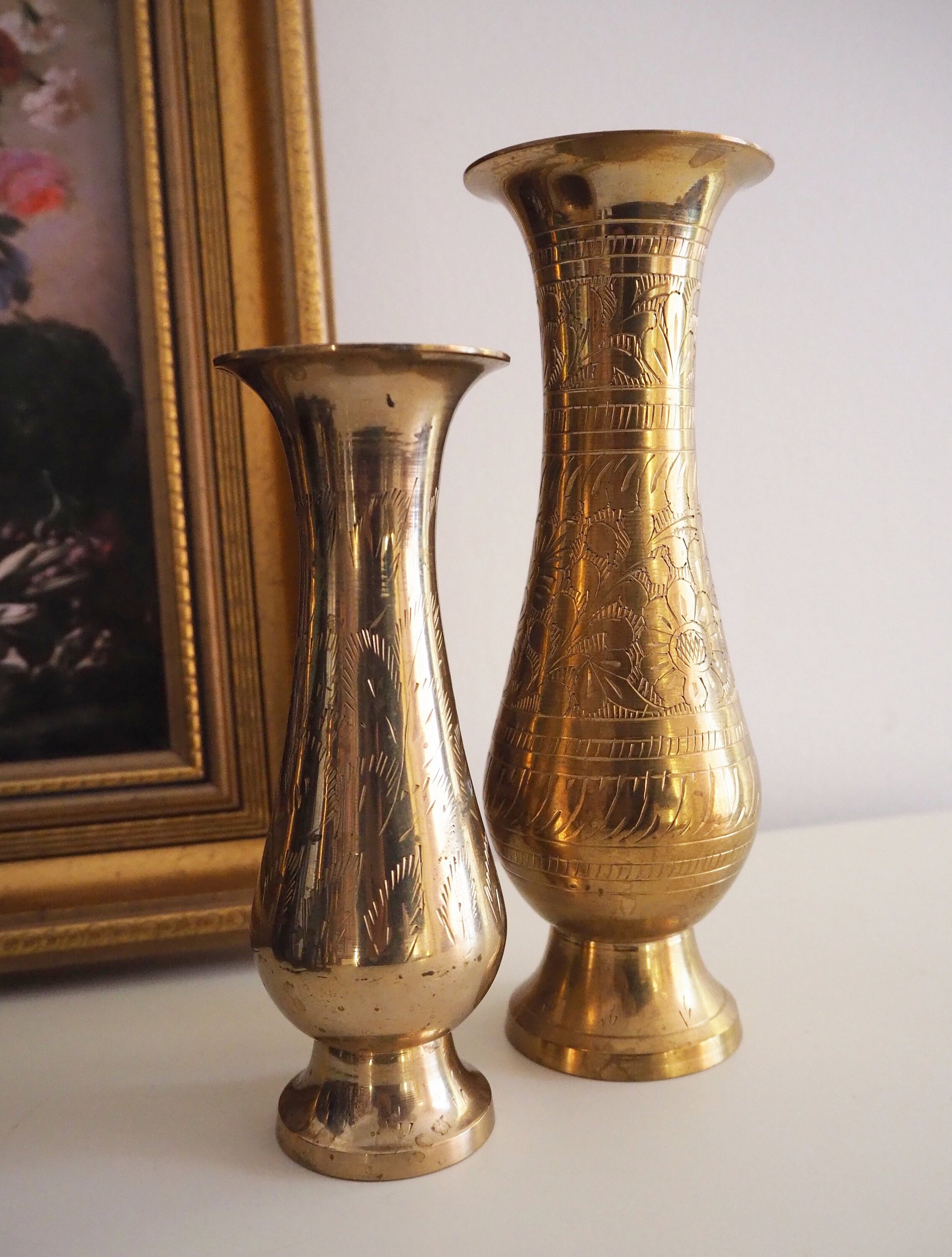 Set of two vintage brass vases | Etched brass vases | Vintage bud vase | Vintage single flower vases | Vintage brass vases