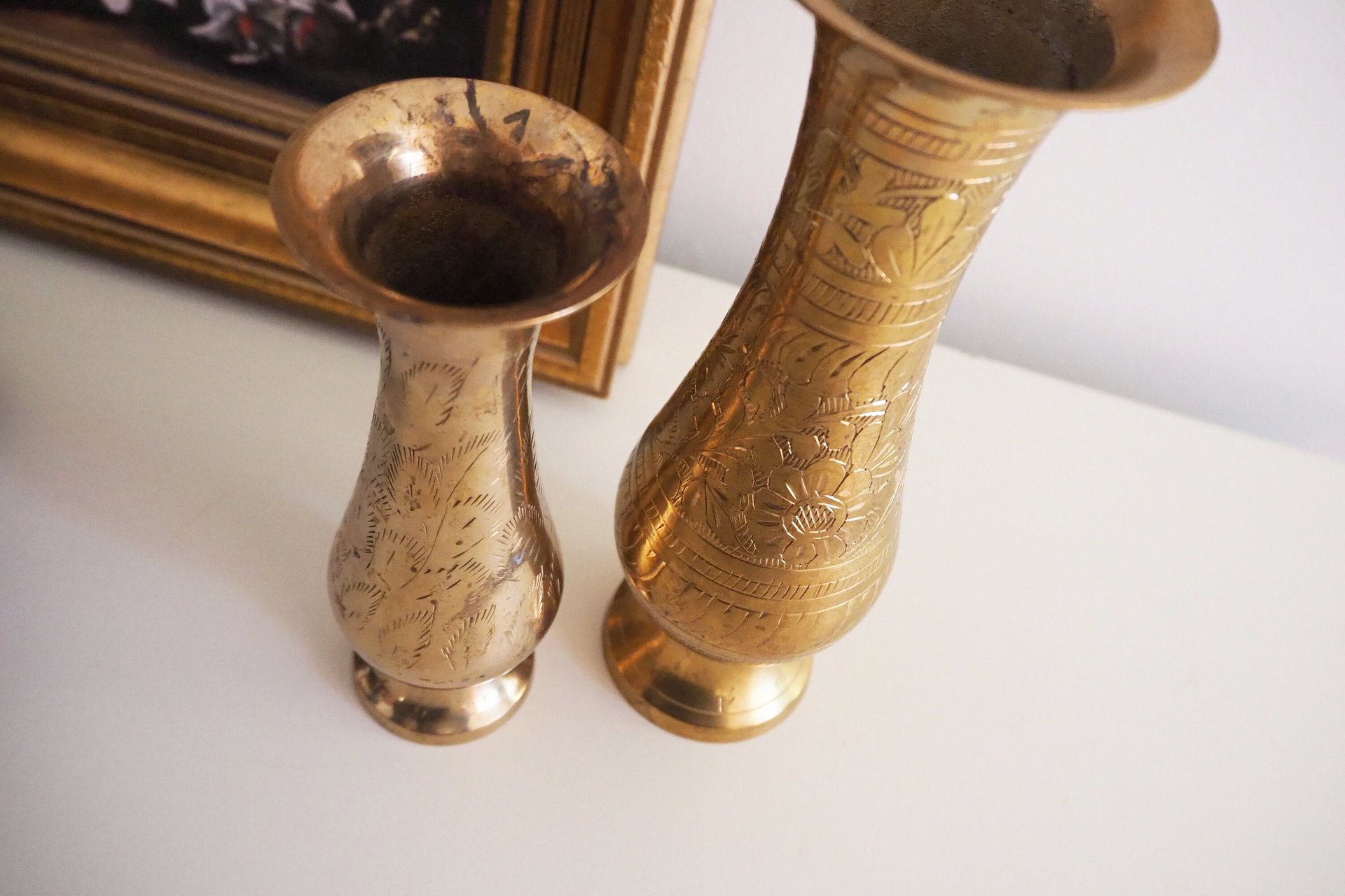 Set of two vintage brass vases | Etched brass vases | Vintage bud vase | Vintage single flower vases | Vintage brass vases
