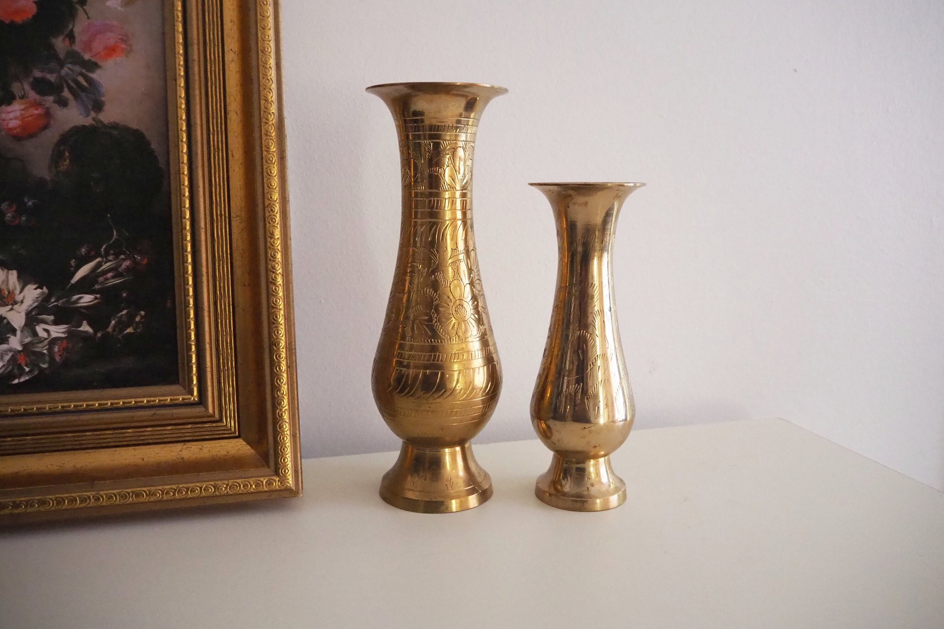 Set of two vintage brass vases | Etched brass vases | Vintage bud vase | Vintage single flower vases | Vintage brass vases