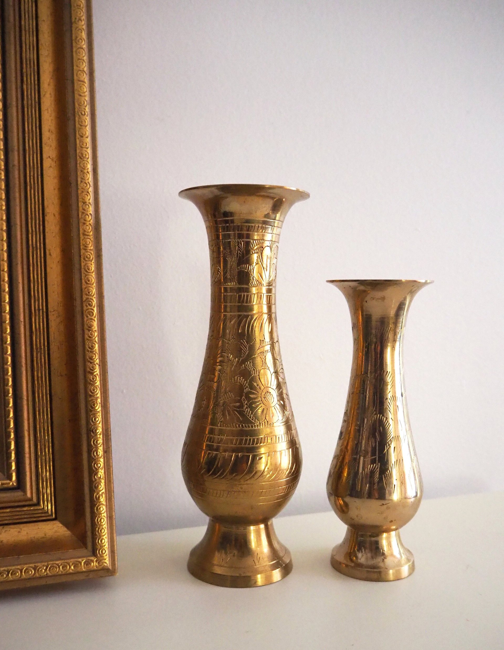 Set of two vintage brass vases | Etched brass vases | Vintage bud vase | Vintage single flower vases | Vintage brass vases