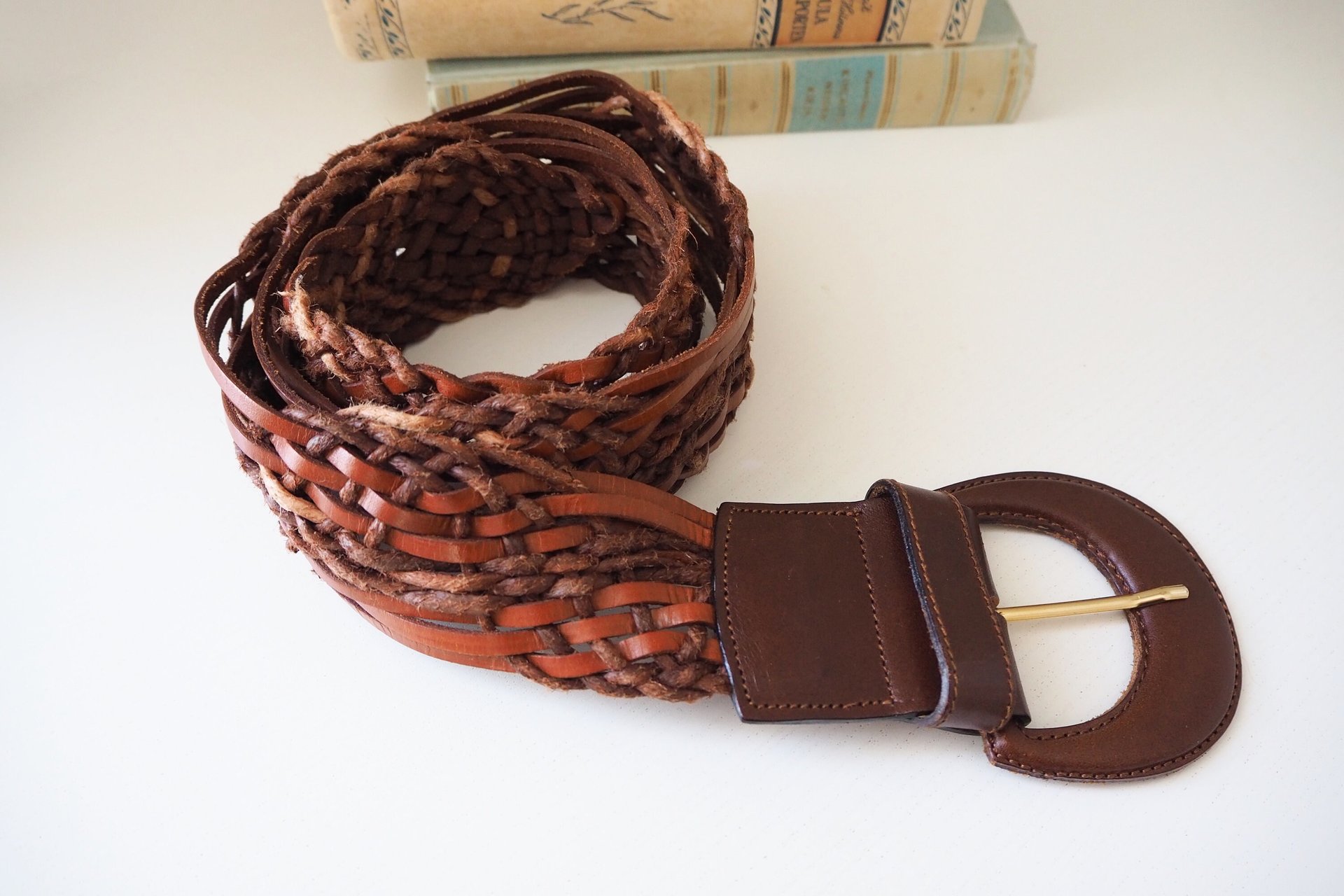 Vintage leather belt | Braided leather belt | Brown leather belt | Made in Italy