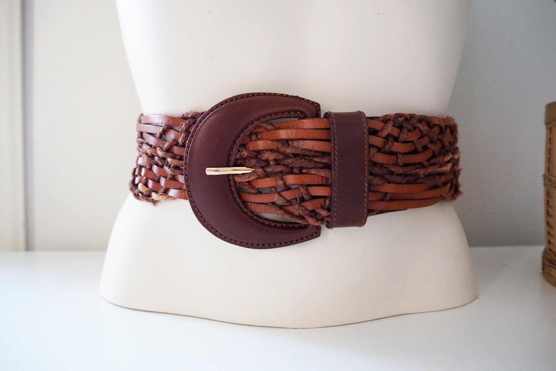 Vintage leather belt | Braided leather belt | Brown leather belt | Made in Italy