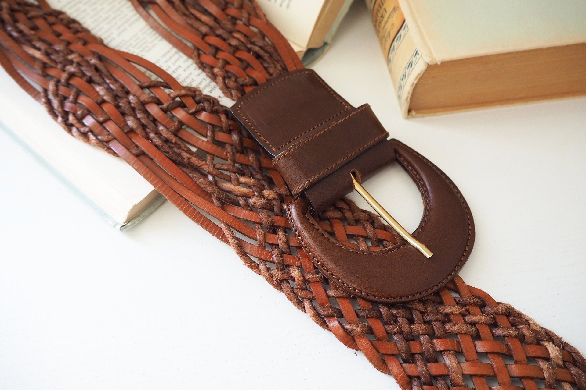 Vintage leather belt | Braided leather belt | Brown leather belt | Made in Italy