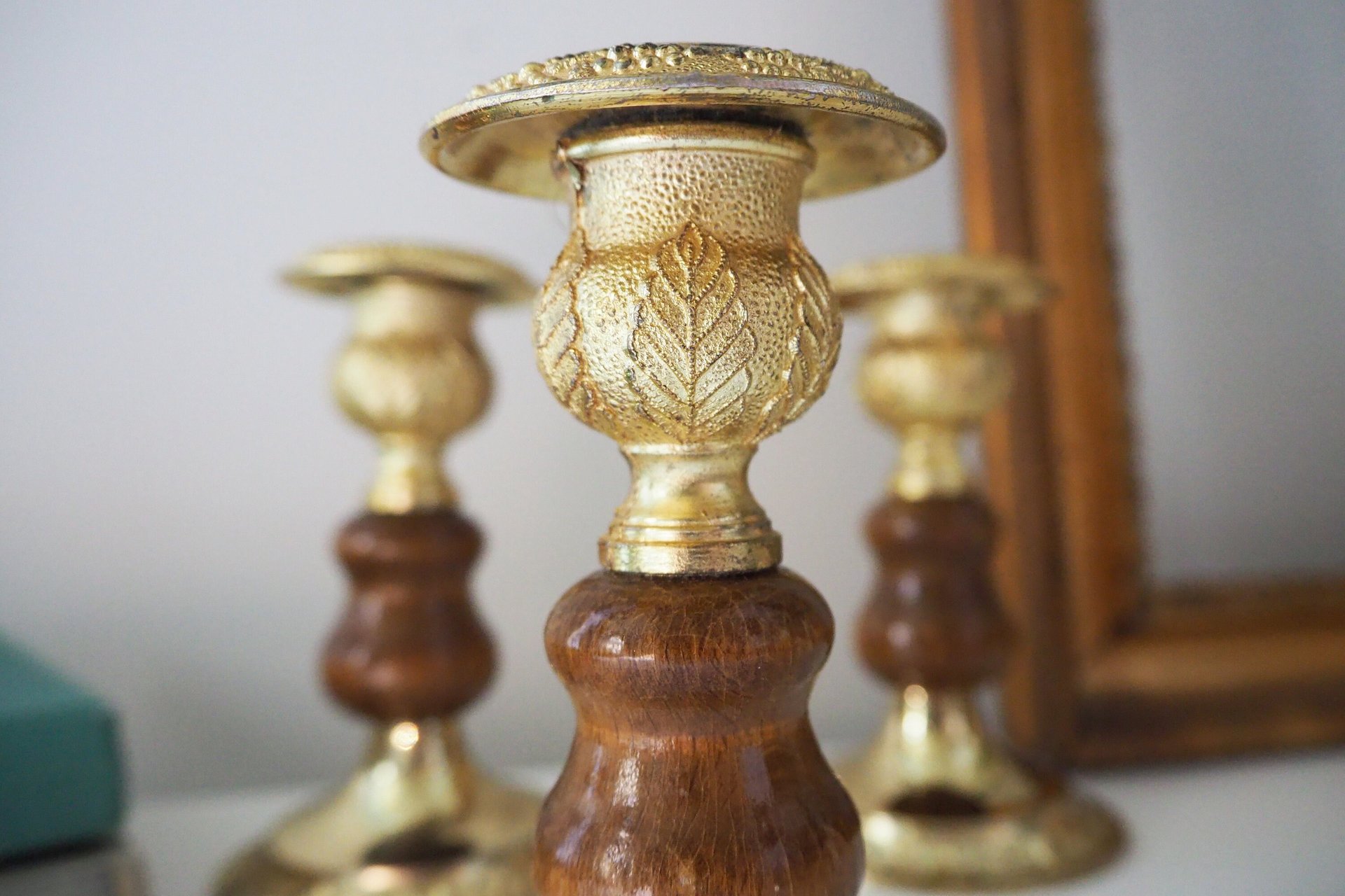 Set of three vintage candlestick holders | Gold plated candle holders | Vintage gold and wood candle holders | Made in England