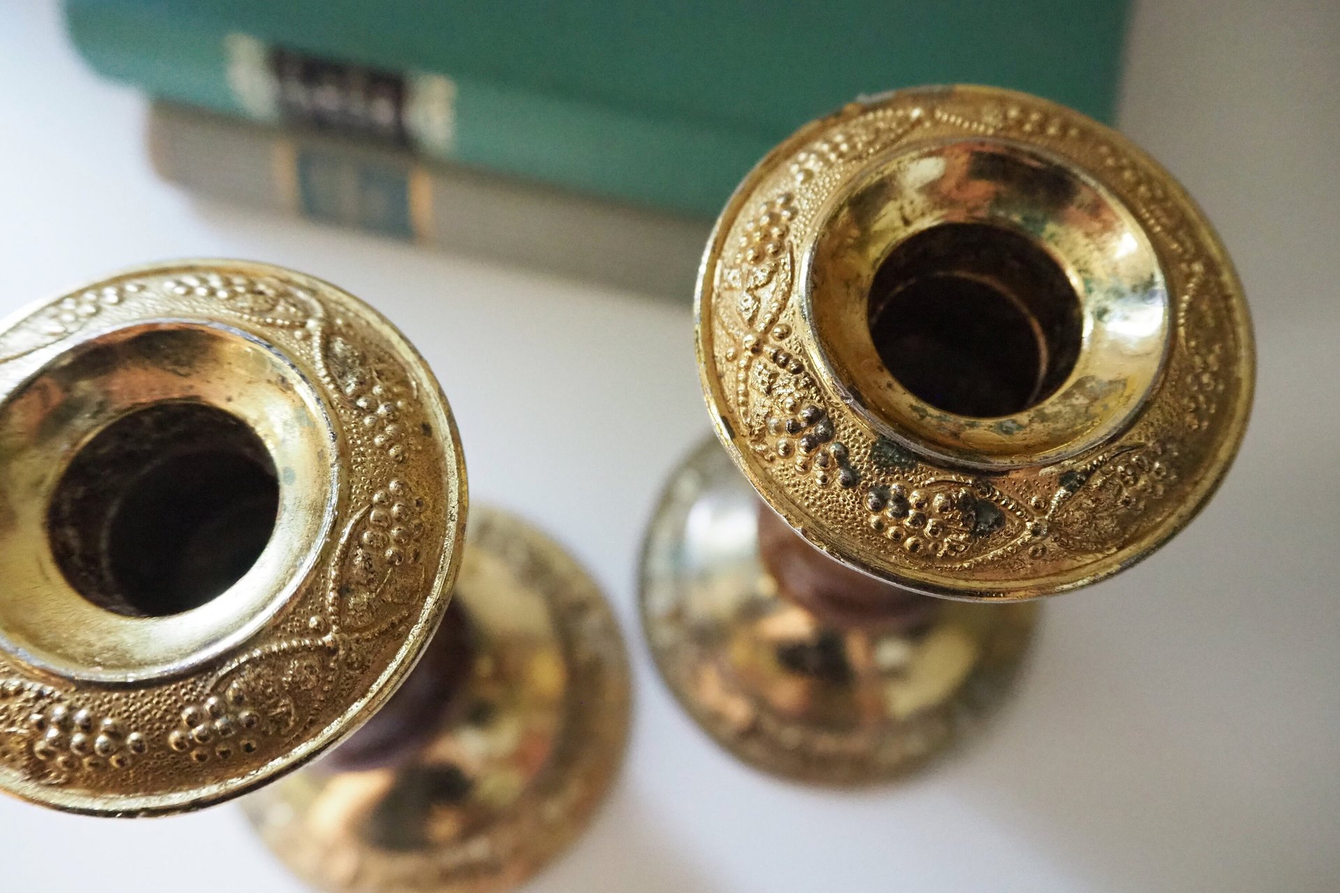 Set of three vintage candlestick holders | Gold plated candle holders | Vintage gold and wood candle holders | Made in England