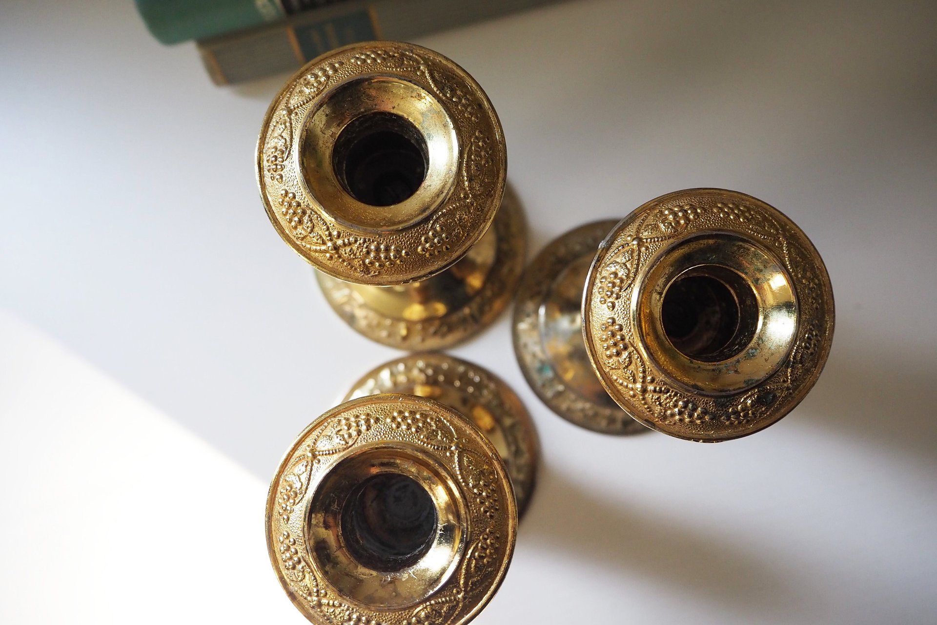 Set of three vintage candlestick holders | Gold plated candle holders | Vintage gold and wood candle holders | Made in England