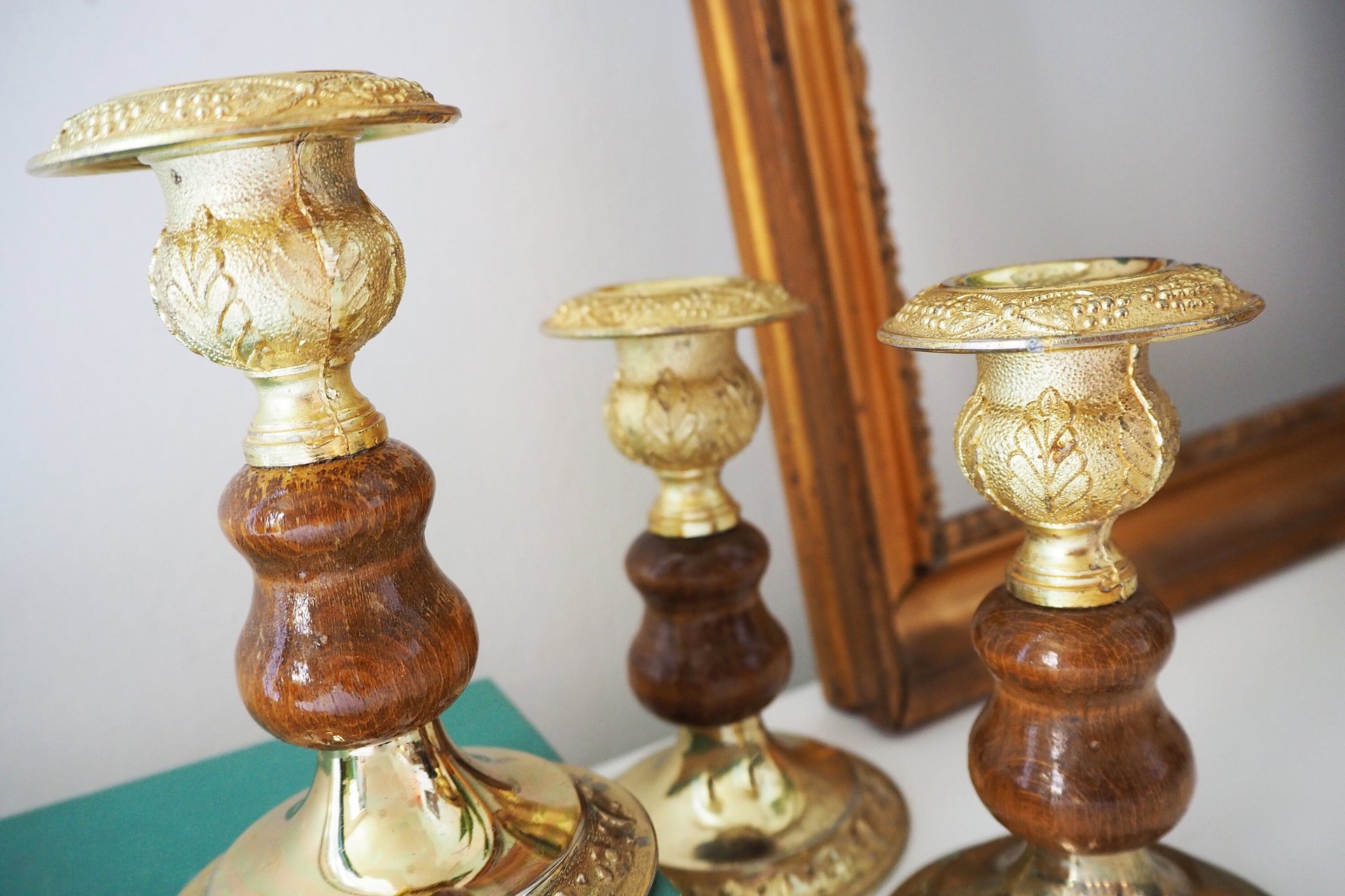 Set of three vintage candlestick holders | Gold plated candle holders | Vintage gold and wood candle holders | Made in England