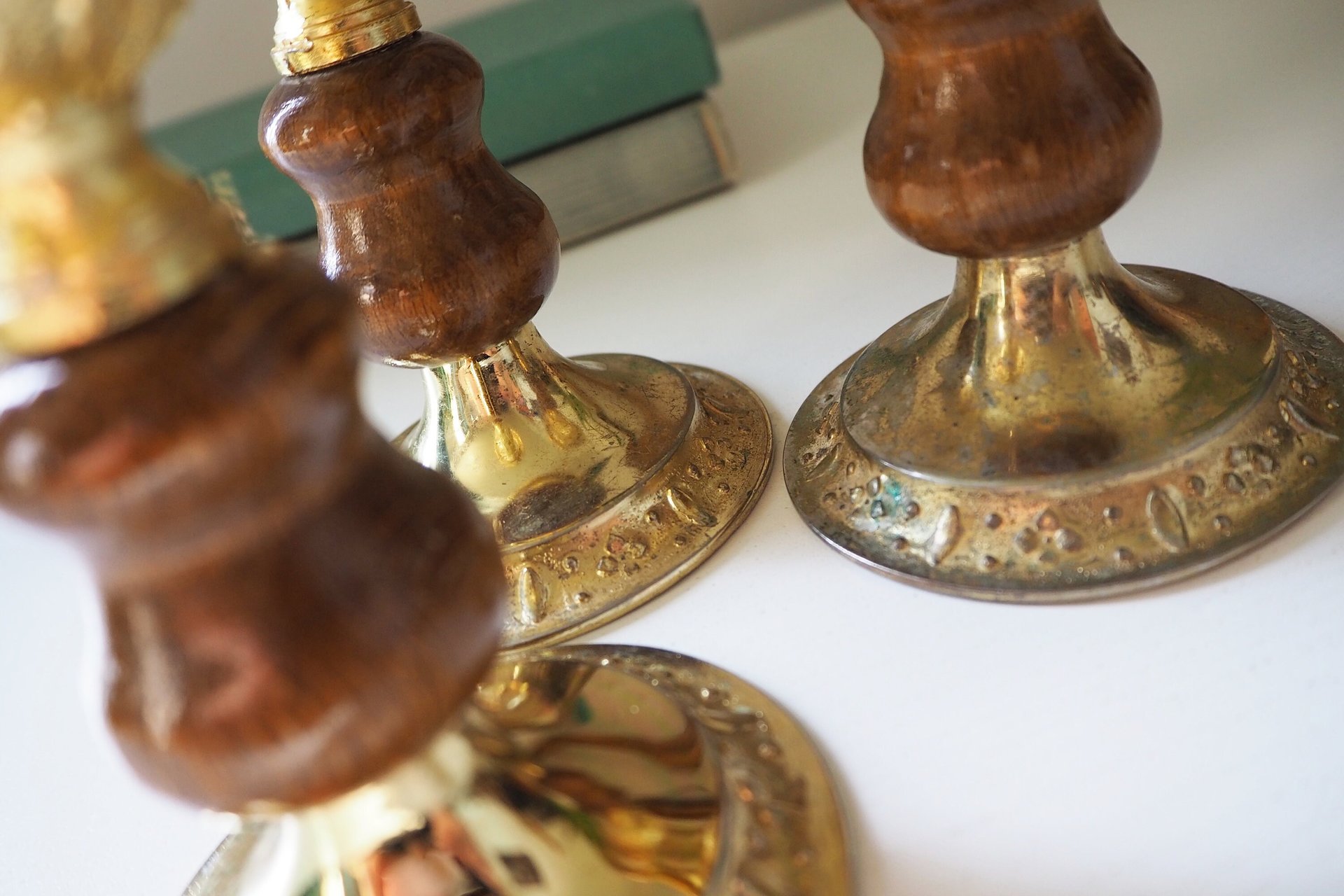 Set of three vintage candlestick holders | Gold plated candle holders | Vintage gold and wood candle holders | Made in England