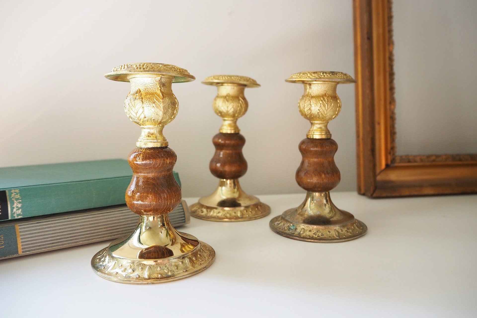 Set of three vintage candlestick holders | Gold plated candle holders | Vintage gold and wood candle holders | Made in England