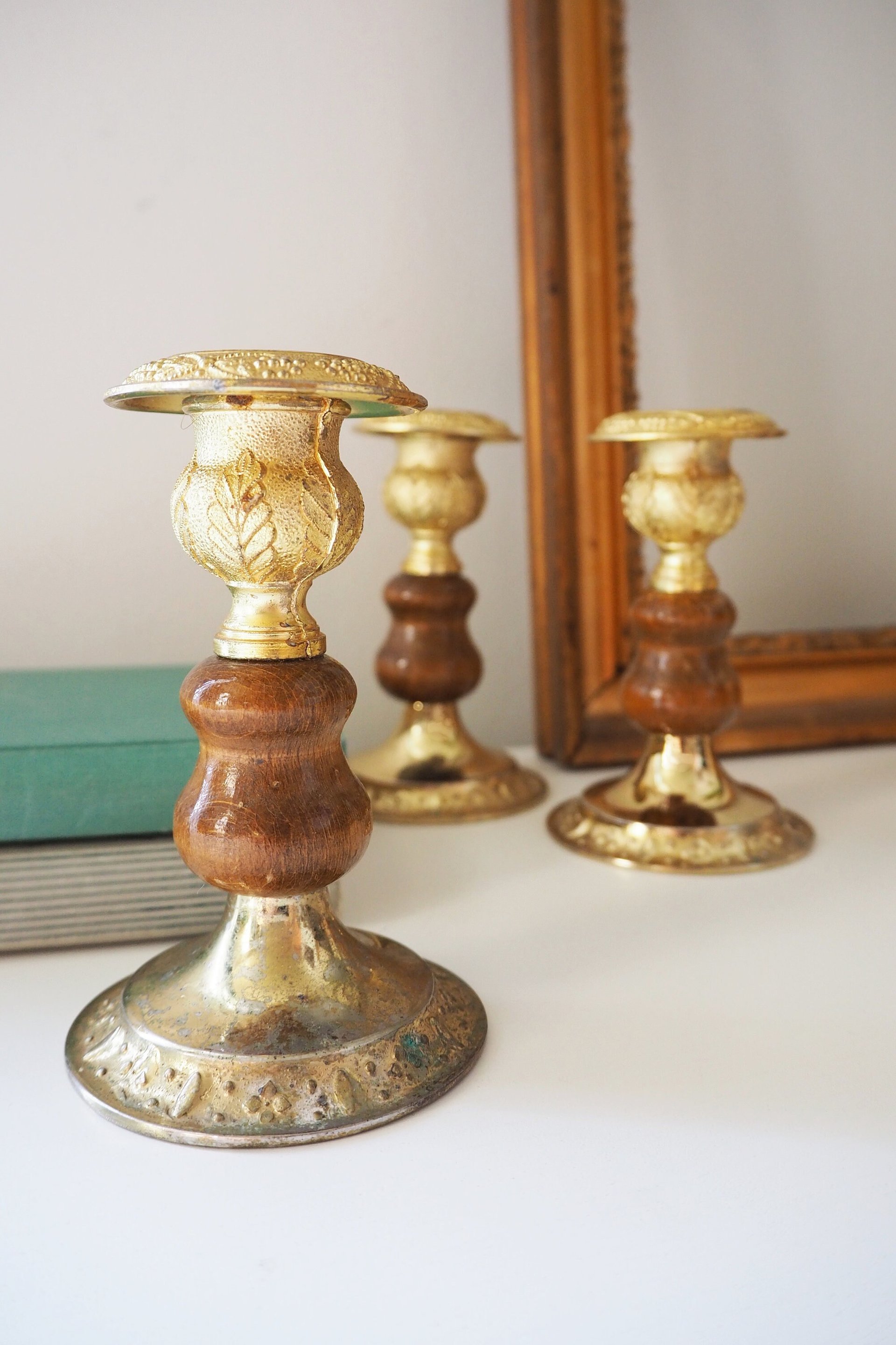 Set of three vintage candlestick holders | Gold plated candle holders | Vintage gold and wood candle holders | Made in England
