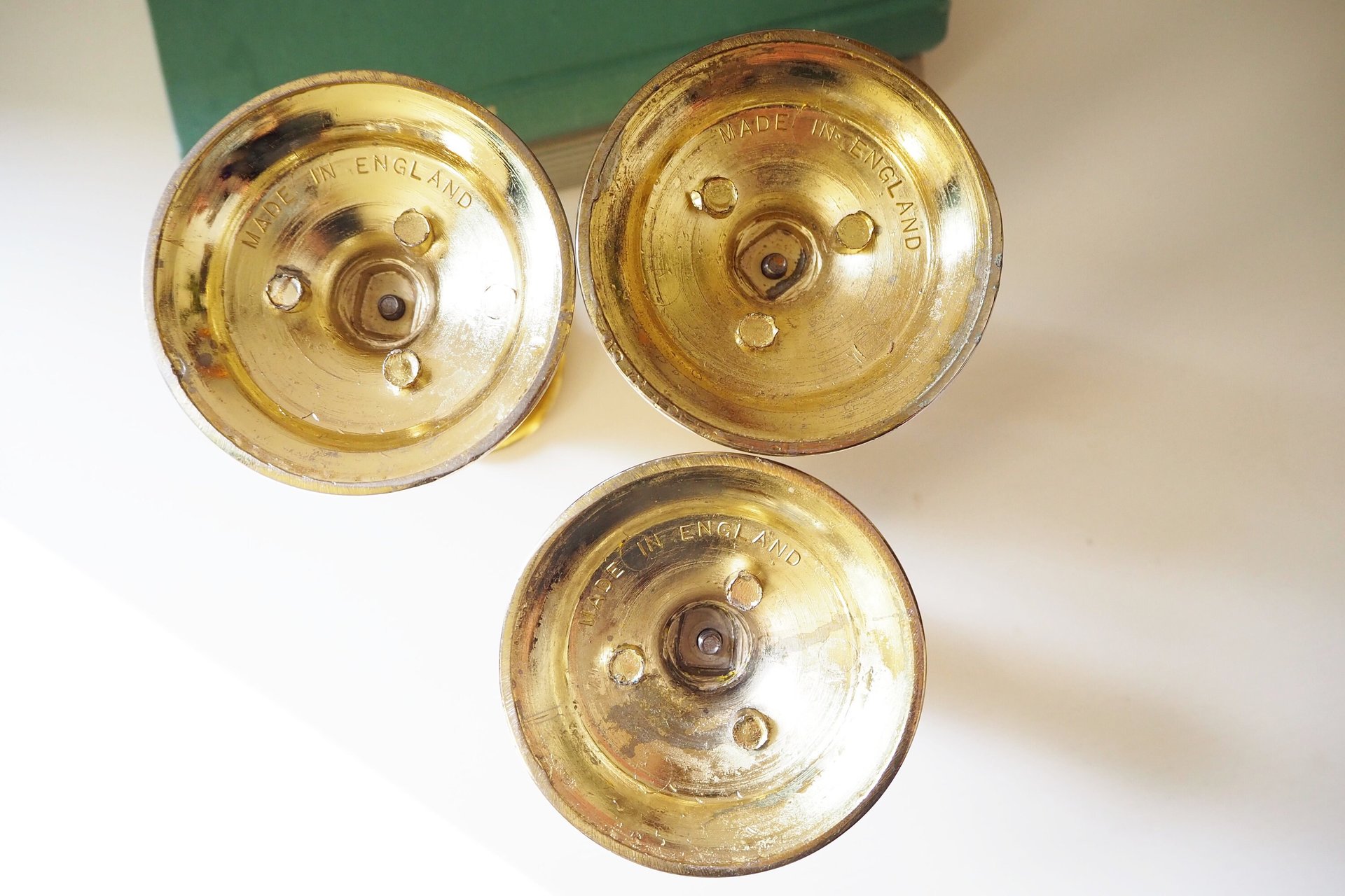 Set of three vintage candlestick holders | Gold plated candle holders | Vintage gold and wood candle holders | Made in England