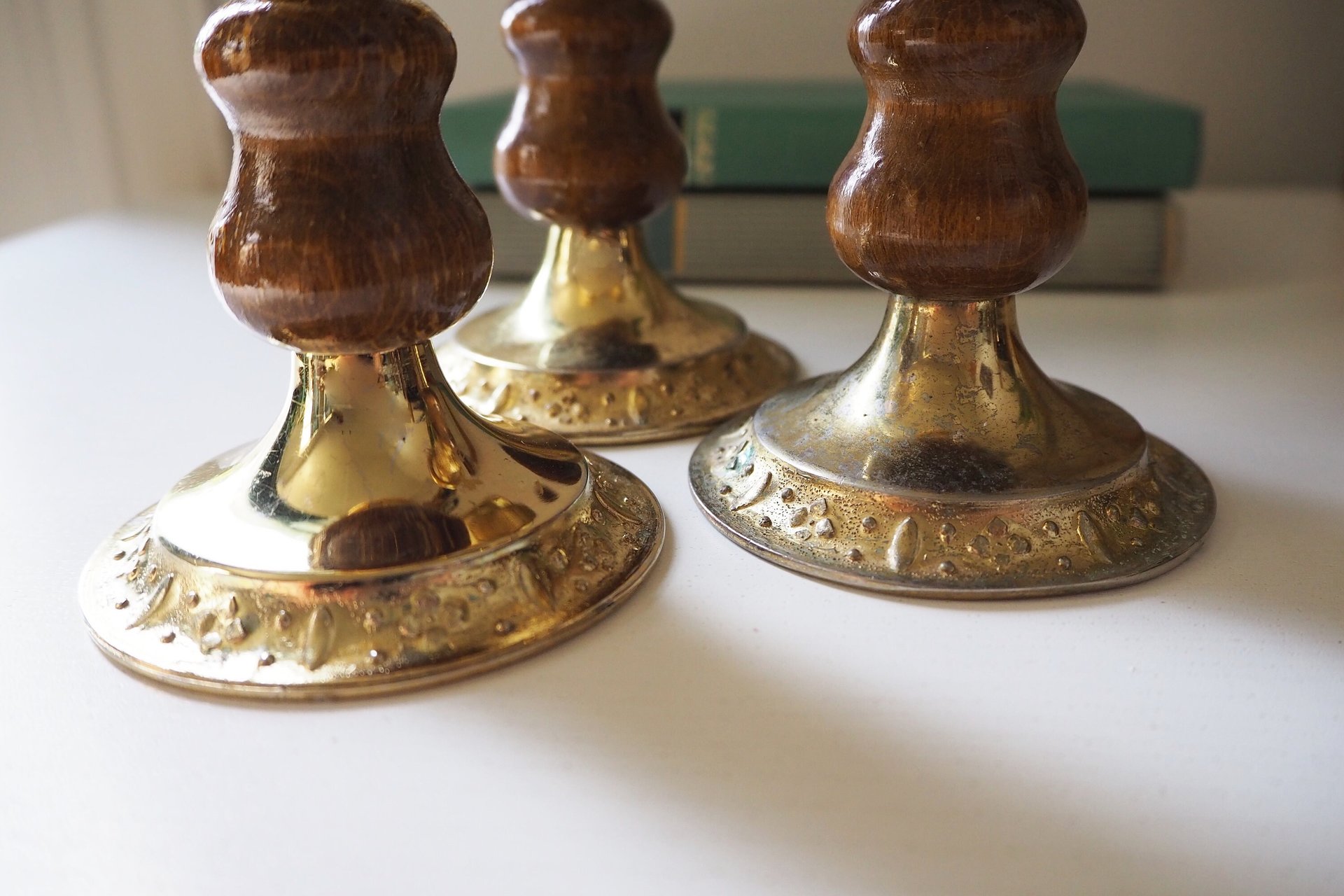 Set of three vintage candlestick holders | Gold plated candle holders | Vintage gold and wood candle holders | Made in England