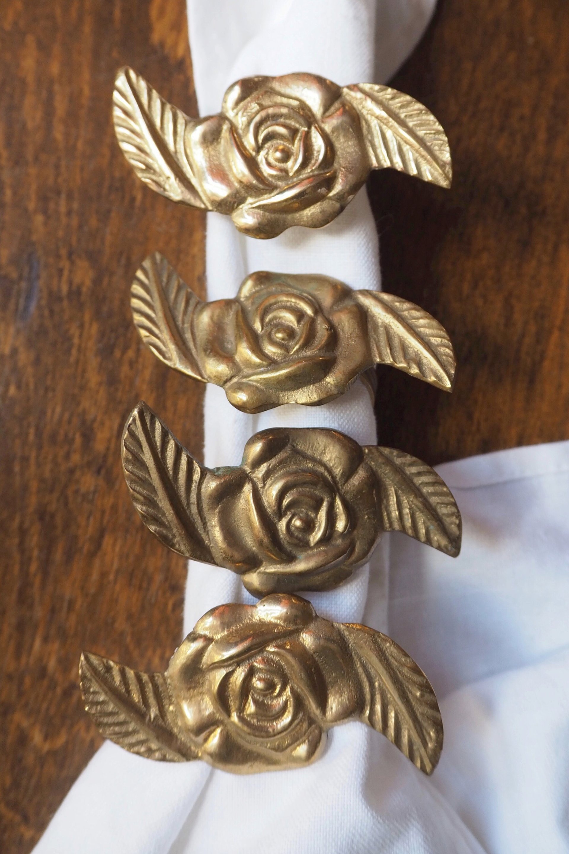 Vintage brass napkin rings | Set of four vintage napkin rings | Vintage rose napkin rings | Set of four brass napkin rings