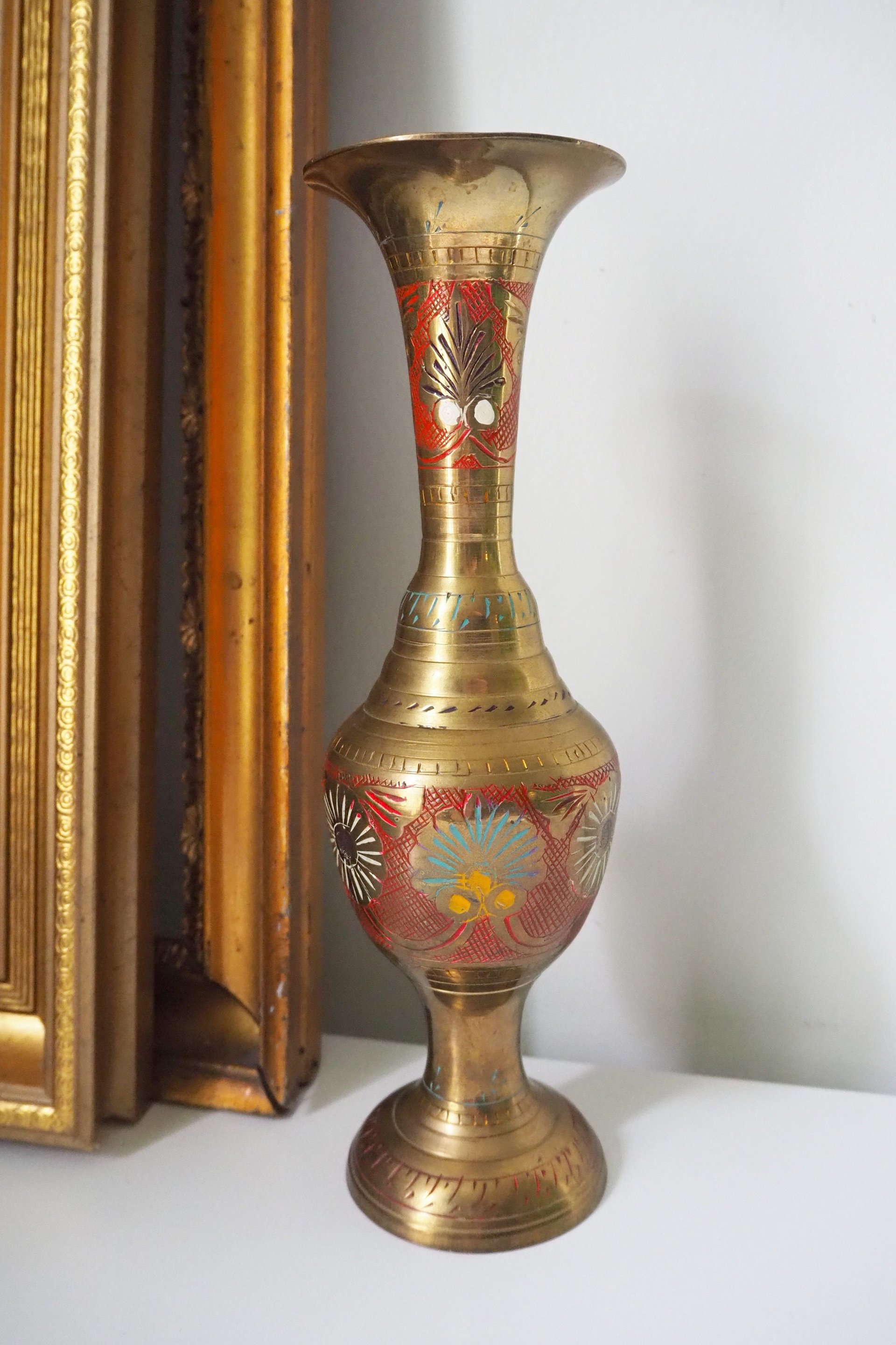 Vintage brass vase | Etched brass vase | Vintage single flower vase | Tall brass vase | Vintage vase