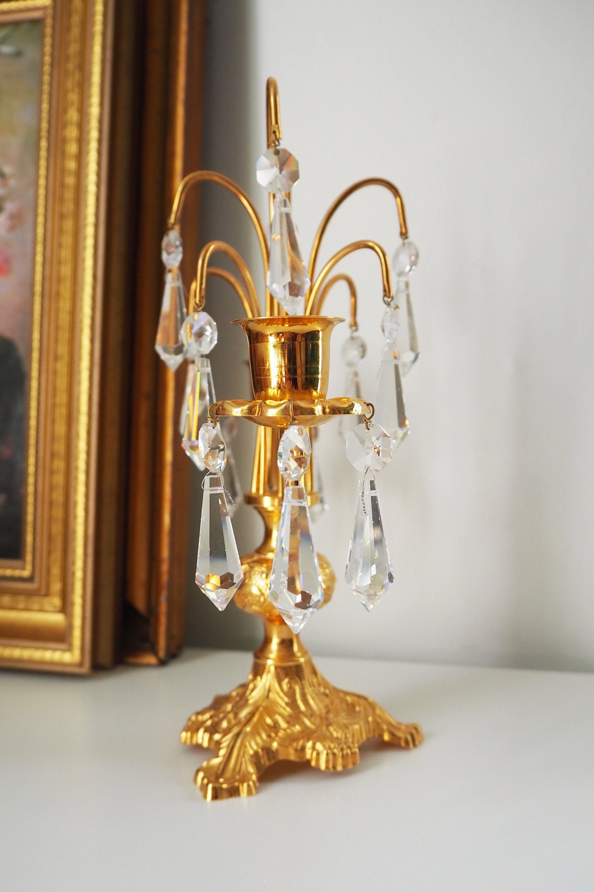 Vintage crystal candelabra | Vintage two arm candelabra | Gold plated candelabra | Vintage candelabra