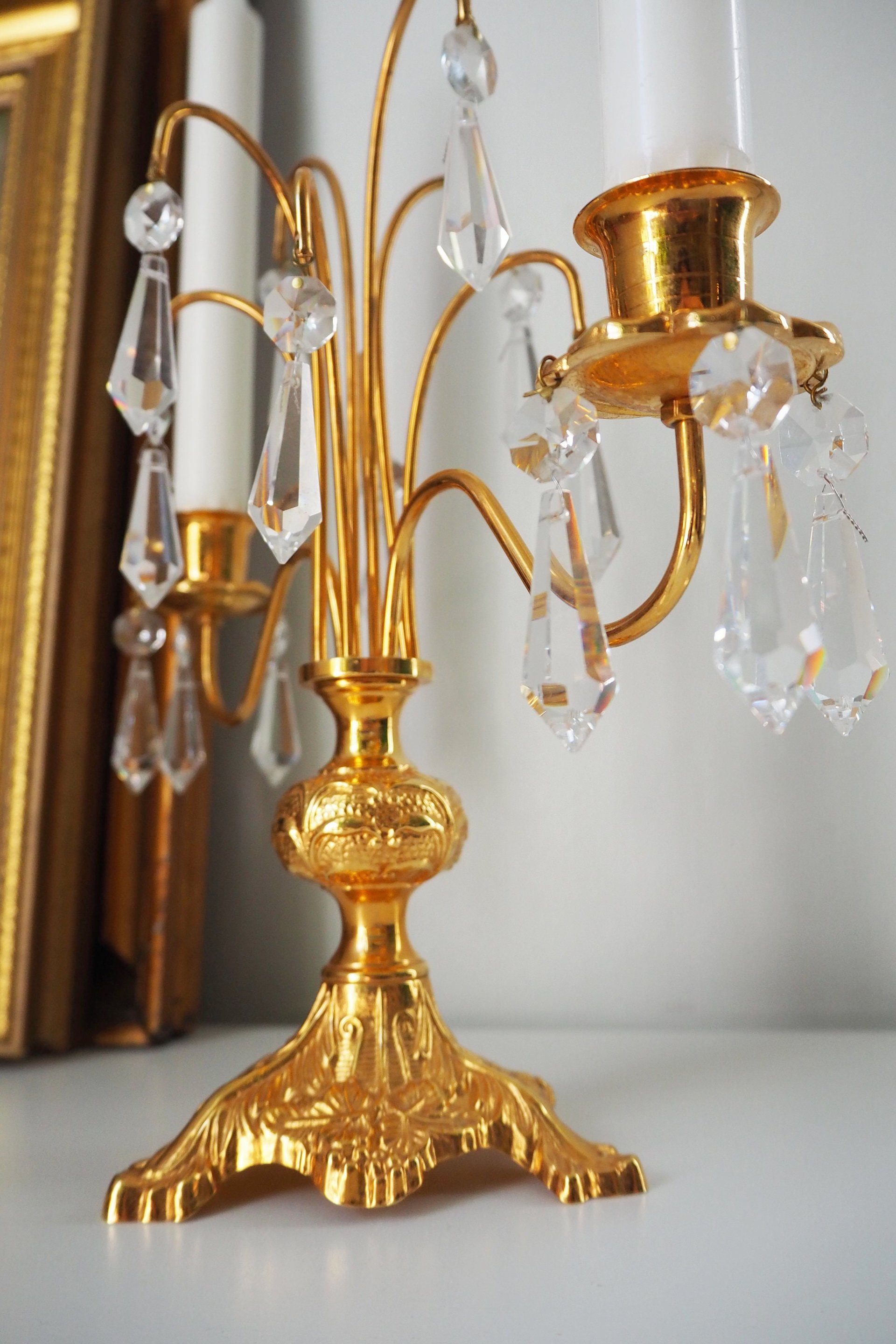 Vintage crystal candelabra | Vintage two arm candelabra | Gold plated candelabra | Vintage candelabra