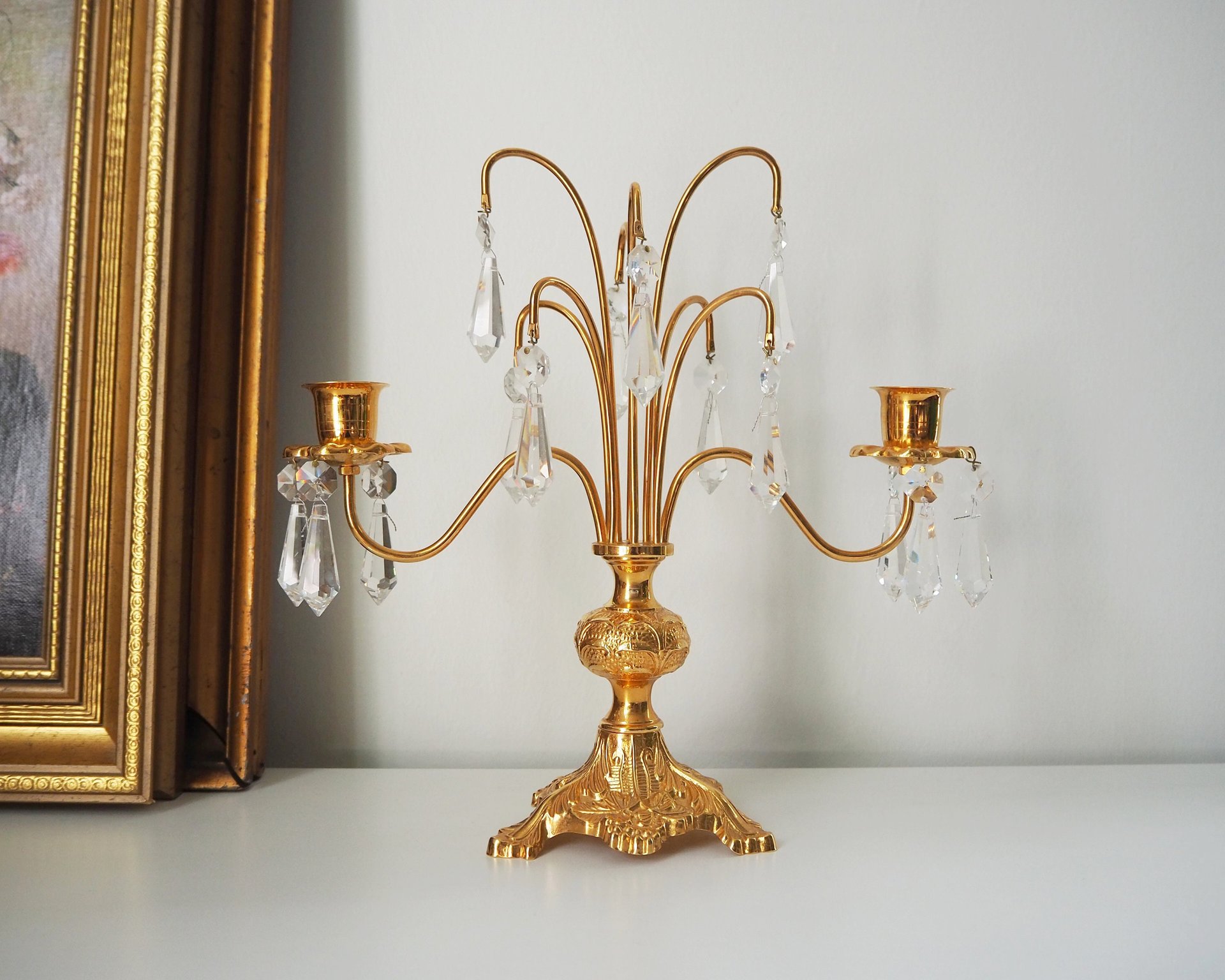 Vintage crystal candelabra | Vintage two arm candelabra | Gold plated candelabra | Vintage candelabra