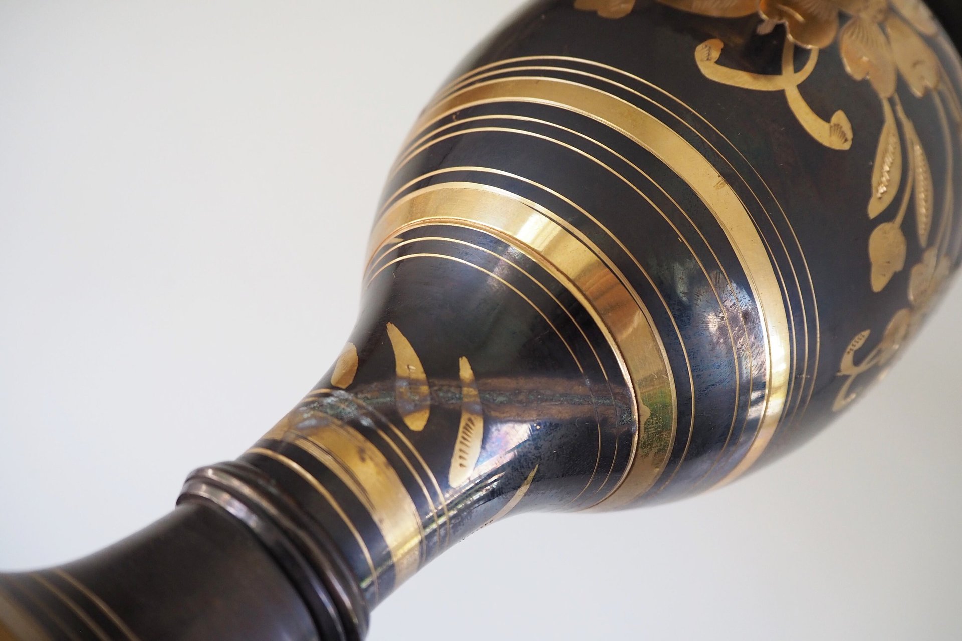 Vintage brass vase | Large vintage vase | Black brass vase | Etched floral brass vase black
