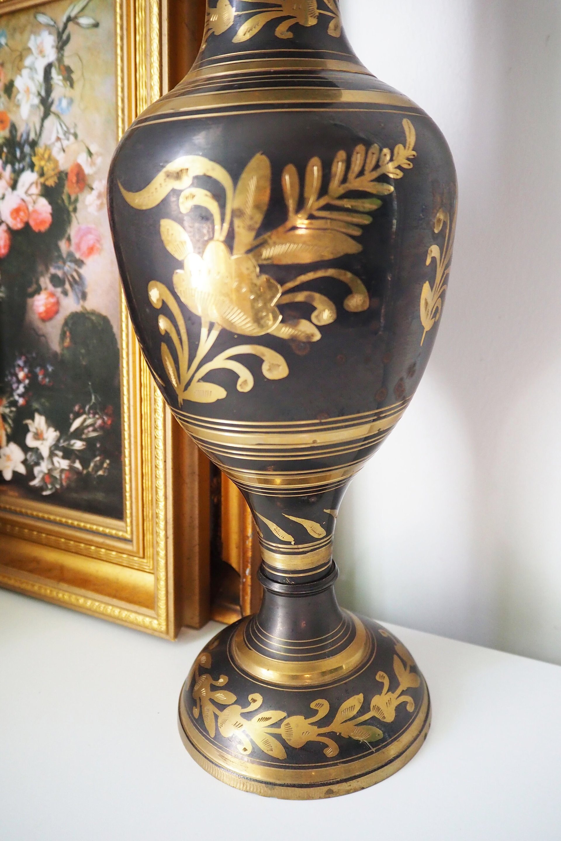 Vintage brass vase | Large vintage vase | Black brass vase | Etched floral brass vase black