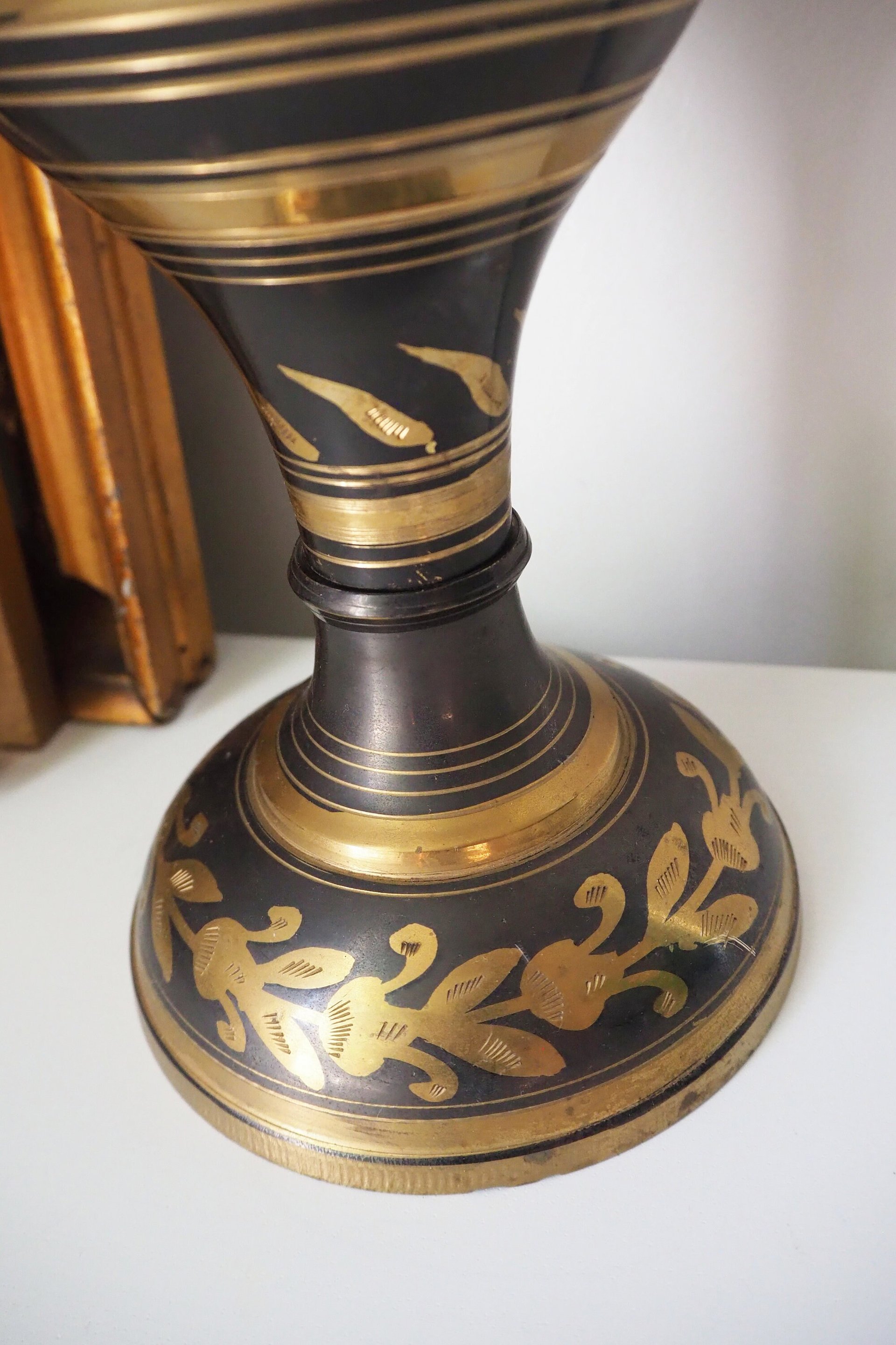 Vintage brass vase | Large vintage vase | Black brass vase | Etched floral brass vase black