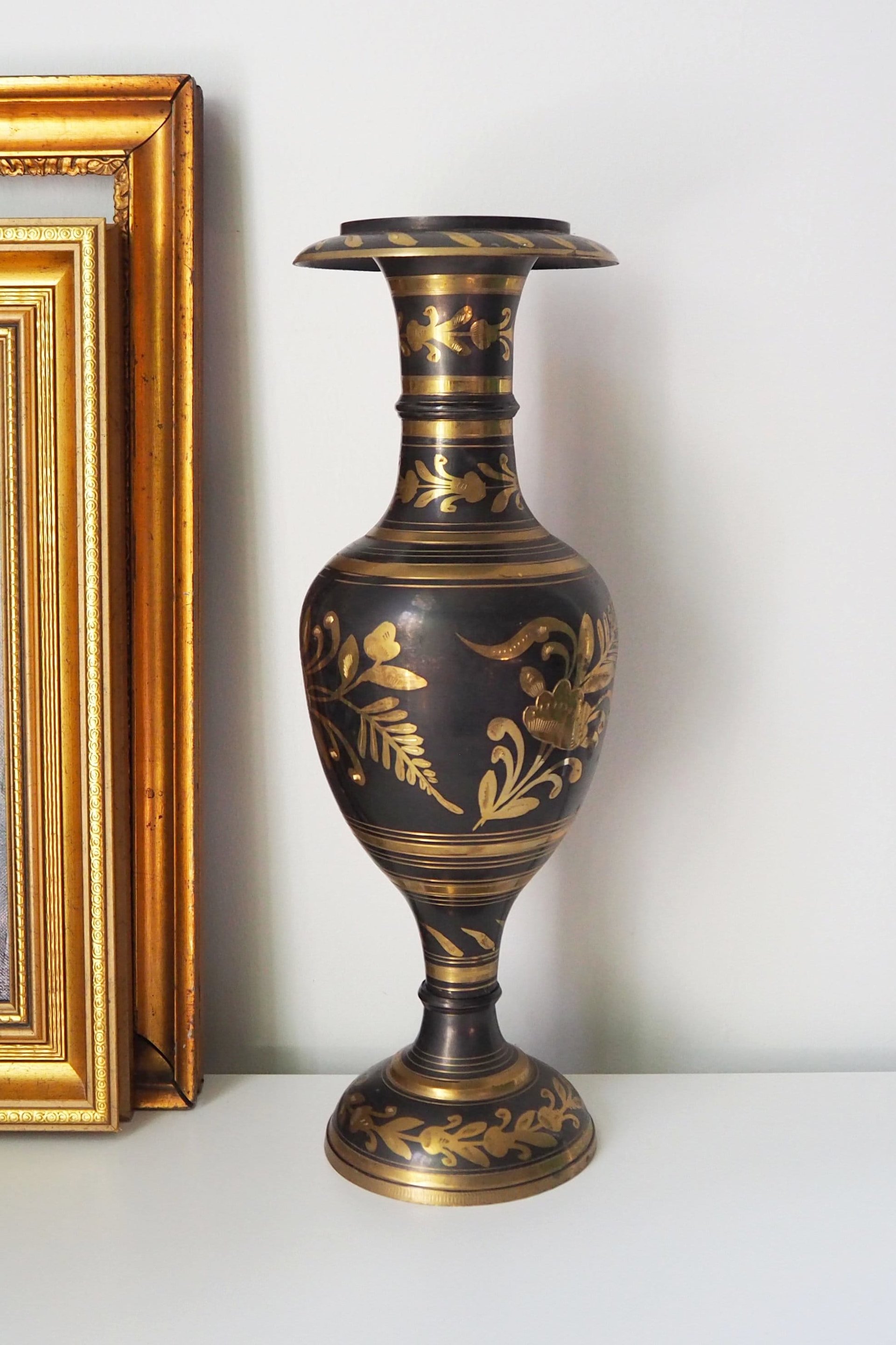 Vintage brass vase | Large vintage vase | Black brass vase | Etched floral brass vase black
