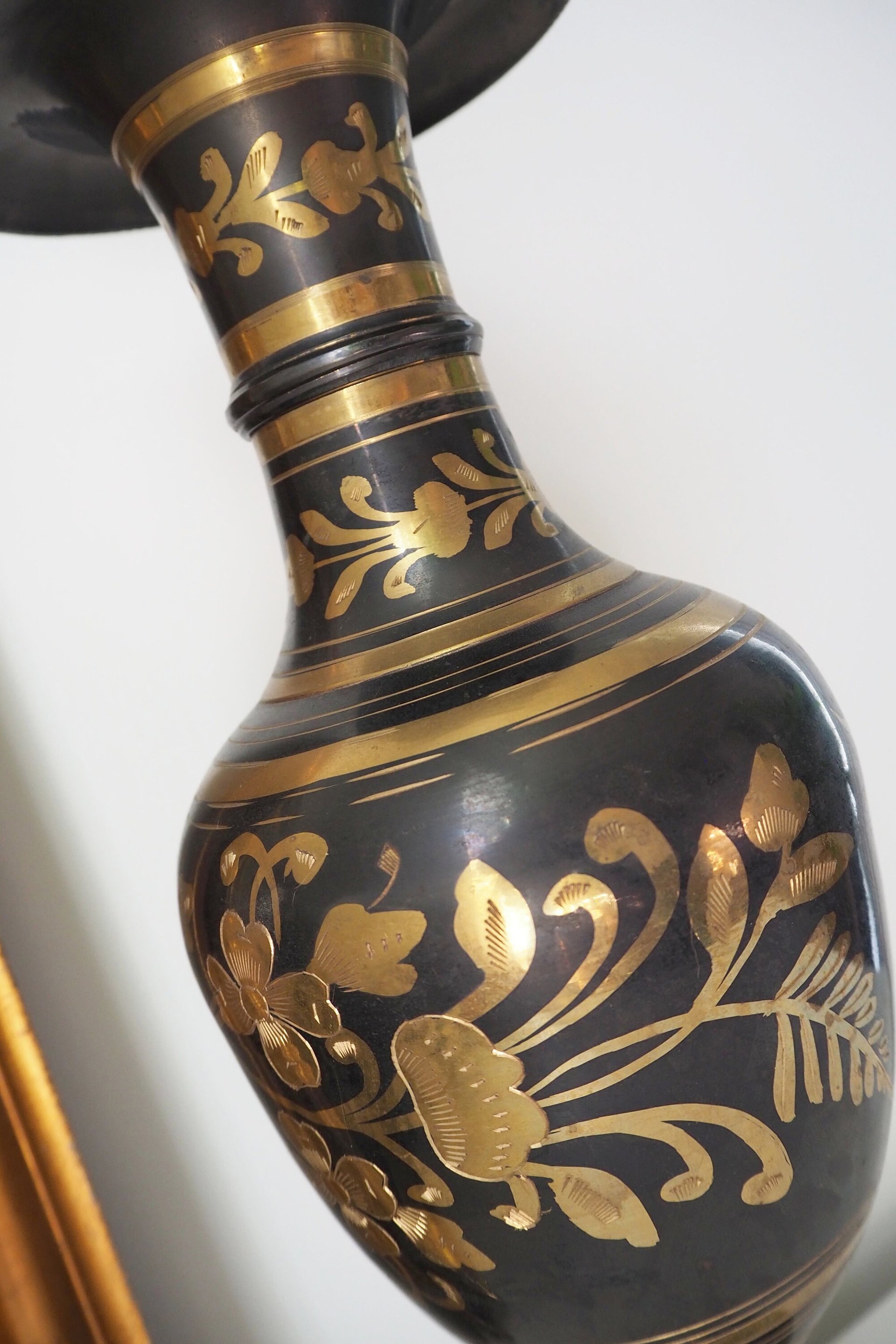 Vintage brass vase | Large vintage vase | Black brass vase | Etched floral brass vase black
