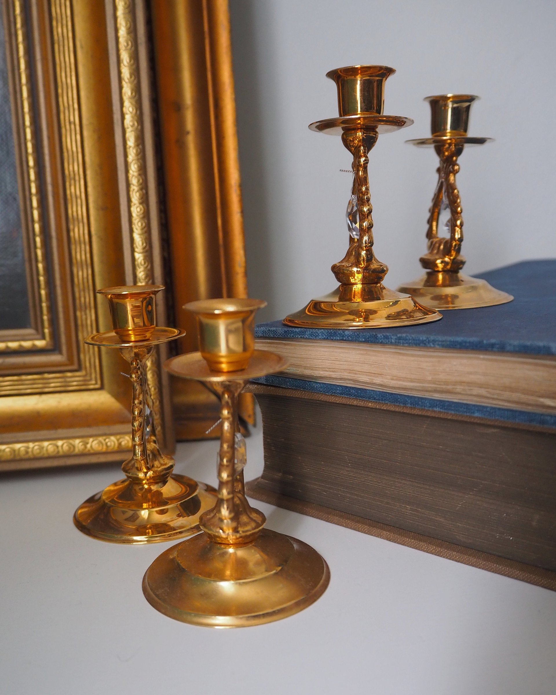 Set of four vintage candlestick holders | Gold plated crystal candlestick holders | Small gold plated candlestick holders | Turun Kristalli